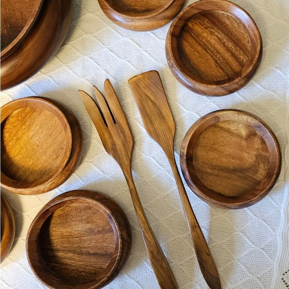 Vintage MCM Monkeypod Wood Salad Bowl Set 10 Piece Set Hawaiian Hand Carved